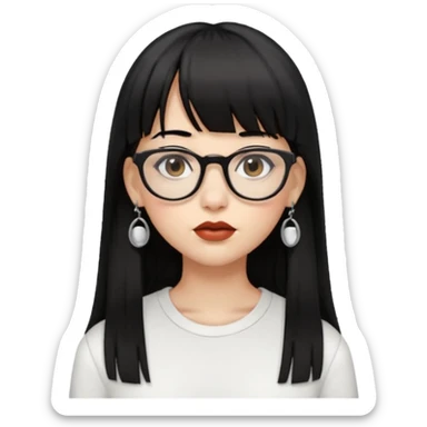 uma mulher snapchat icon, cor da pele normal, cabelo preto liso grande, solto grande com franja vegana, franja inteira curta, óculos pretos, com piercing na boca e nariz, olhos castanhos, camisa branca, a tela de fundo branca, coloque um brinco na boca e no nariz sticker