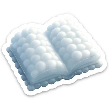 top view of a thick open book made entirely of small, very bright white fluffy convex clouds, matte glass style, emphasis on volume and airiness, no background sticker