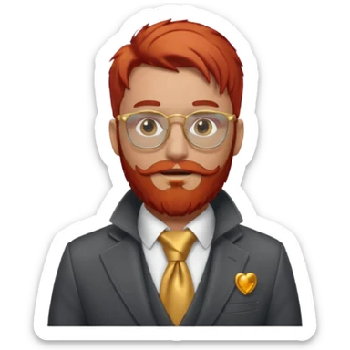 gray scarf, male,  beard, red hair, with suit, gold glasses sticker