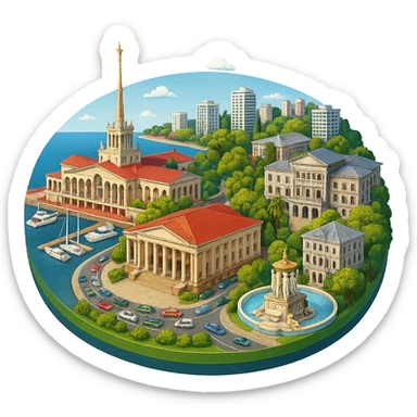 Изометричная, яркая, детализированная и фотореалистичная иллюстрация панорамы города Cочи на круглой подставке в стиле 3D-коллажей городов, здание Морского Порта, Зимний театр, Санаторий имени С. Орджоникидзе, море, причал, яхты чёткие линии, слегка мультяшная стилистика, прозрачный фон, не обрезать края картинки sticker