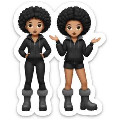 A brown skin girl that has a slim and thick body with black hair into two Afro puffs   and wears all black outfit with grey furry boots  sticker