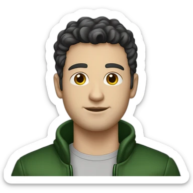 white guy, 30 years old, dark hair, medium height, blue eyes, wearing a green bomber and black jeans. sticker