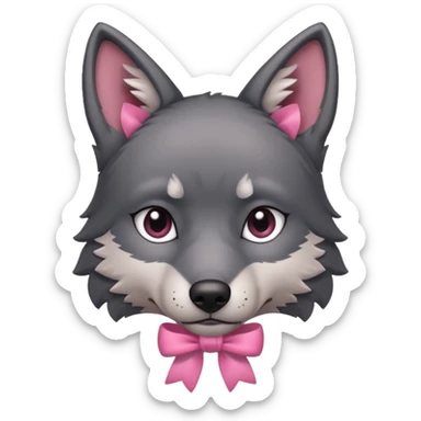 Pleading sad Face cute dark grey wolf with a pink ribbon io his ear head sticker