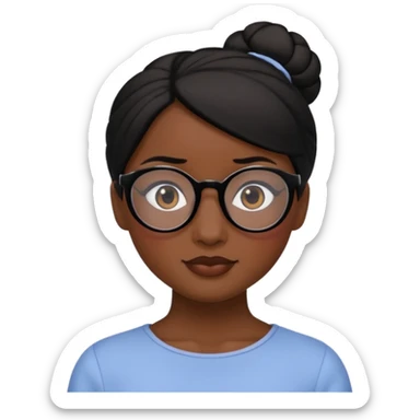 A woman with dark skin, black hair in a neat bun, black glasses, and an oval face with soft features. sticker