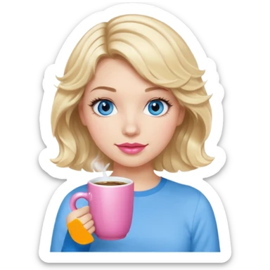 Girl Blonde short wavy hair,  blue eyes, cute blue top, long lashes, pink lips, holding hot white coffee mug sticker