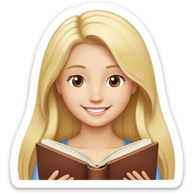 blond girl with long hair smiling reading a book sticker