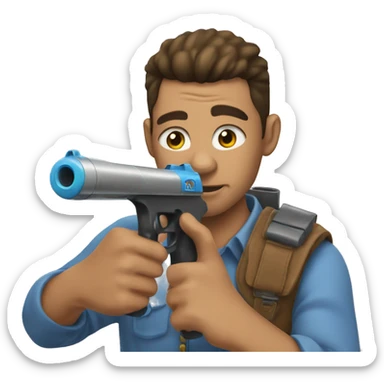 Man pointing water gun at user while having puppy eyes sticker