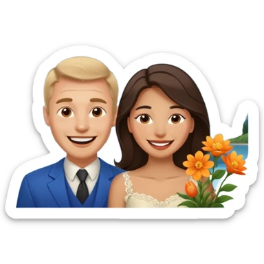 Couple  laughing traveling russian man and elegant  Latina girl delicate flowers and mountains in the background  sticker