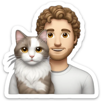 White man with brown curly hair, brown eyes, thick eyebrows, sharp jawline, bigger nose holding white and grey Ragdoll cat sticker