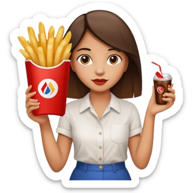a young woman full length with cola in one hand and french fries in the other hand and a painting under her arm walking left sticker