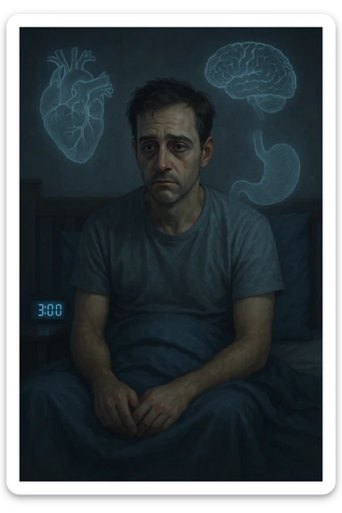 a man sits awake in bed in the middle of the night, dark circles under his eyes and a tired, anxious expression. The room is dimly lit by the blue glow of a phone or digital clock showing 3:00 AM. Around him, faint ghostly overlays of anatomical drawings highlight affected organs—heart, brain, and stomach—symbolizing the physical harm caused by disrupted sleep. sticker