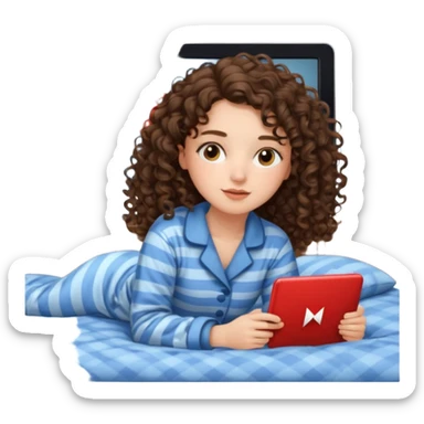 A girl, brunette with curly hair down to her shoulders, watching TV. Have her lie down on the bed, and put on Netflix on the TV. sticker