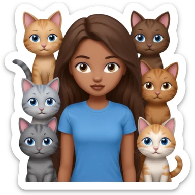 a pretty bratz dusky girl with long brown hair, blue eyes with six cats nd wearing a grey tshirt sticker