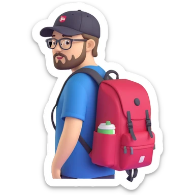 adventurer with goatee beard (no beard on cheeks), short hair, glasses, backwards baseball cap and backpack sticker