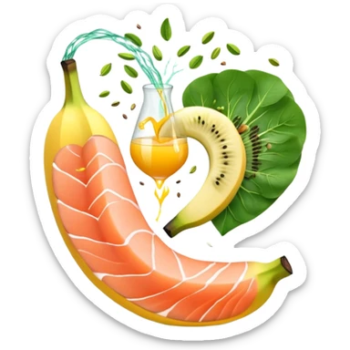 Banana, spinach, salmon fillet, sliced kiwi, pistachios, and a glass of orange juice emitting electrical sparks that flow toward a heart and nervous system. The electrical currents highlight the role these potassium-rich foods play in maintaining heart rhythm and muscle function. sticker