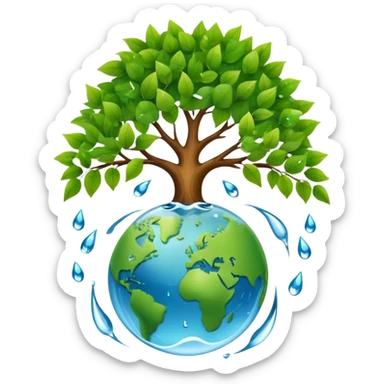An icon featuring a tree, a recycling symbol, and a globe, representing ecology. The design includes green leaves, a water droplet, and wildlife, symbolizing the study of ecosystems, sustainability, and environmental protection. Transparent background. sticker