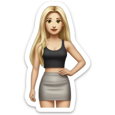 caucasian woman, with long straight hair, blonde hair, brown eyes, white tank top, gray tight mini skirt, black heel shoes, full body, hyperrealist drawing sticker