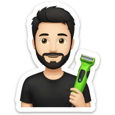 handsome young man, fair complexion, messy black hair and beard, smiling, black t-shirt, holding one small true-to-size bright lime green face beard trimmer, iOS emoji style sticker