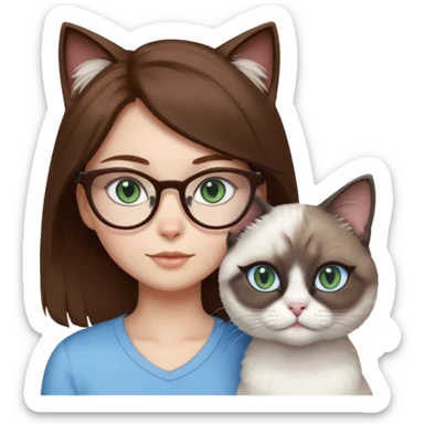 O fata cu parul saten cu ochii griji-albastrii ,ochelari și codițe de pisica ..și langa o pisicuță alba pufoasa ,cu ochii verzi și o a doua pisica siameza pufoasa cu capul maro -negru și coada ,restul corpului un maro deschis spre alb  , ochii albaștrii  sticker
