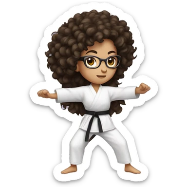 Long curly haired brunette girl with glasses doing karate stance sticker