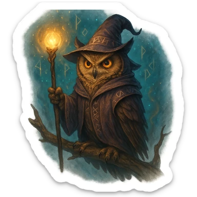 A wise owl wizard in a fantasy style, perched on a branch, glowing staff, ancient runes, mystical background. sticker