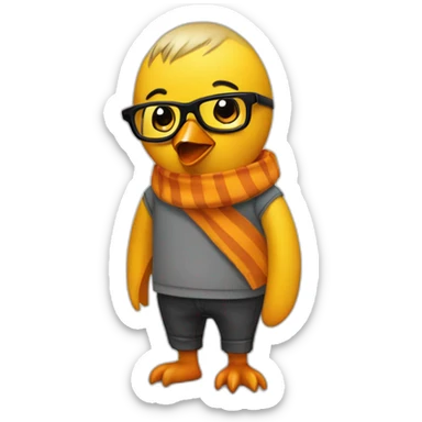 Club-Pengun-yellow penguin with black glasses dirtyblonde hair with orange tshirt and gray striped scarf sticker