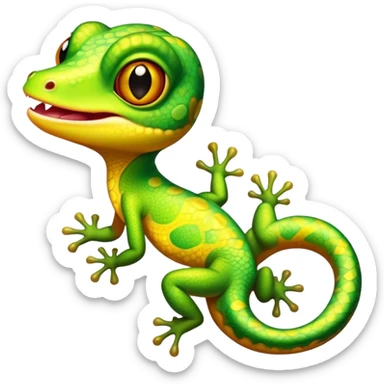 Cinematic Comical Gecko Portrait Emoji, Head tilted dramatically with an exaggeratedly shocked expression, featuring a compact, agile body with wide, comically expressive eyes and a quirky pattern of scales, Simplified yet hilariously expressive features, highly detailed, glowing with a slightly sassy tropical glow, high shine, dramatic yet playful, stylized with an air of quirky reptilian mischief, soft glowing outline, capturing the essence of a meme-worthy gecko that seems ready to scamper its way into viral fame! sticker