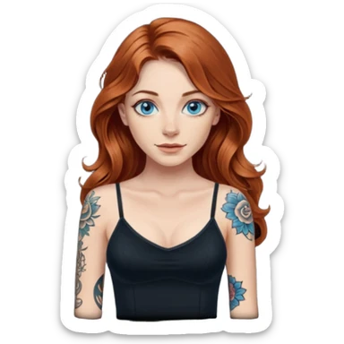 Long wavy Auburn hair woman BLUE eyes wearing black cami and one tattoo sleeve sticker