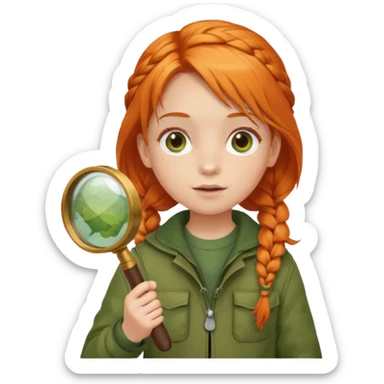 braid orange haired girl kid in moss green explorer outfit, holding magnifying glass sticker