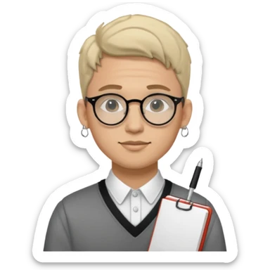 A man in his 20s wearing an apnotebook, wearing radio earrings, round glasses, achromatic clothes sticker