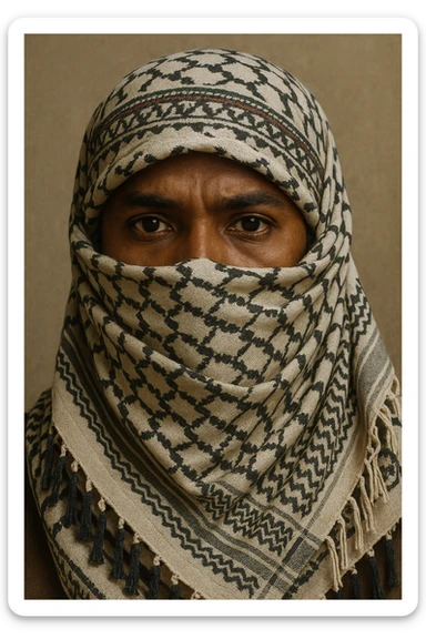 A brown-skinned person with a keffiyeh scarf covering all but the eyes, traditional Palestinian style sticker