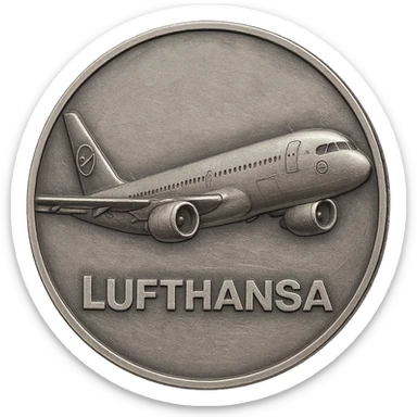 collector's coin front side with embossed airplane resembling an Airbus in Lufthansa livery, metallic surface, focus on airplane sticker