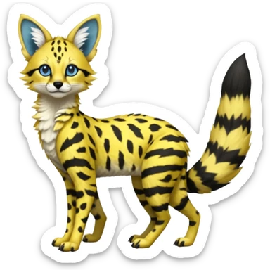 beautiful elegant spotted hype-realistic, black-maned, vibrant yellow Genet-Serval-Sergal-Margay-Fox-fusion-hybrid-furry-fursona, full body, with a long puffy fluffy black-and-white-striped tail, black long big ears, with natural blue eyes sticker