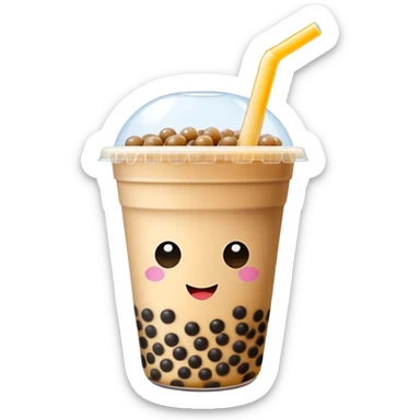 Bubble Tea with tapioca pearls and wide straw in cup, simplified emoji style with bold outlines and bright colors, cartoon style Taiwan popular drink Boba sticker