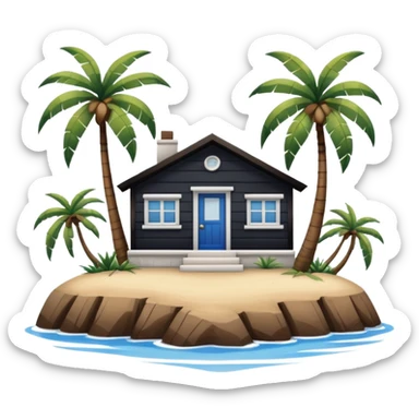 A full square 1 by 1   white and blue stripe house horizontally with brown wooden door on a island with palm trees  sticker