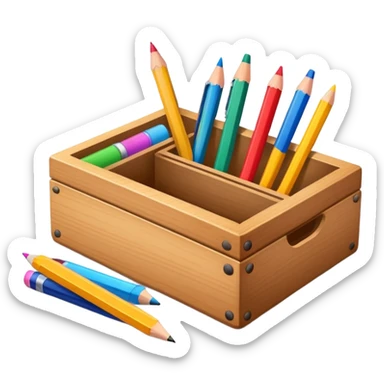 small box of teaching supplies with a pencil, ruler, and markers sticking out sticker