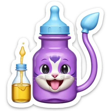 Smiling bottle of oil light purple top and light blue sticking tongue out and with cat ears sticker