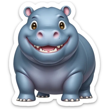 cinematic-hippo-realistic-full-body-side-view-standing-on-all-fours-emoji,-massive-round-frame,-wide-mouthed-grin-exposing-huge-teeth,-head-tilted-dramatically,-thick-greyish blue-hide-glossy, big cute eyes sticker