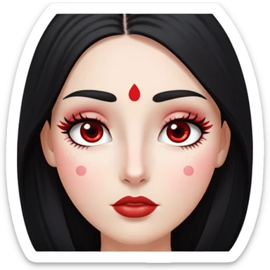 White girl with long oval shaped face, large almond shaped eyes with long eyelashes, long straight black hair falling in front of her bare shoulders, face closeup, with red and white gopi dots decorating her forehead above eyebrows sticker
