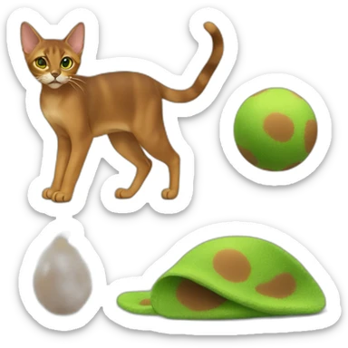 Abyssinian cat play with a smallgreen fur ball sticker