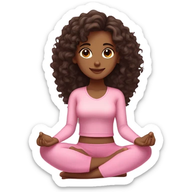 Dark brown, curly, long hair and super dark brown eyes yoga beautiful girl in light pink pink pink clothes sitting on a yoga mat sticker