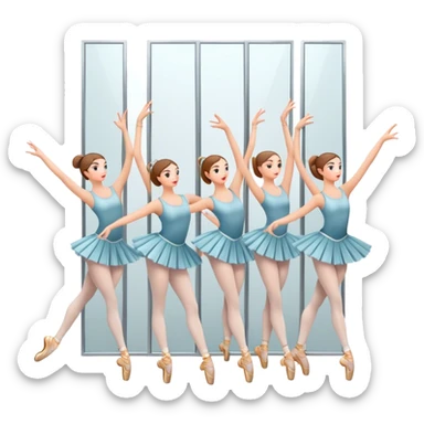 Icon for Choreography: a group of dancers in identical poses, standing by a wall with all wall long mirror, holding a long barre with one hand. The icon should capture the discipline and synchronized movement of dance training. Transparent background. sticker