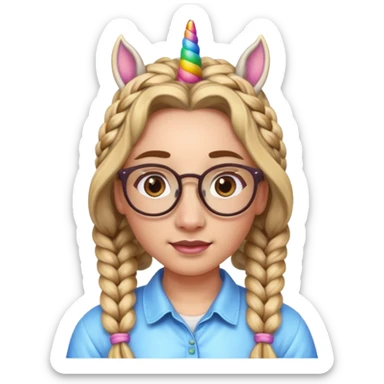 braided unicorn wiith big visible braids looking into the camera spectacled sticker