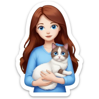 A woman with long dark auburn hair holding a white ragdoll cat in the garden of flowers sticker
