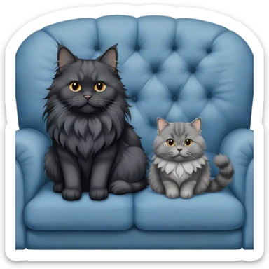A large black smoke Maine Coon cat with long grey ear tufts and a fluffy grey ruff, sitting next to a chubby British Shorthair cat in blue color with plush fur, both sitting comfortably on a sofa. Beautiful room background with flowers and soft lighting. Transparent background. sticker