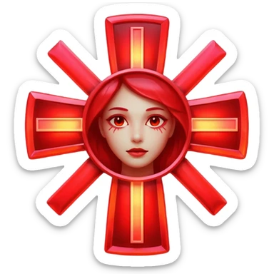 A vibrant scarlet cross made of glossy neon light, emitting a warm red aura. No background, just the glowing symbol sticker