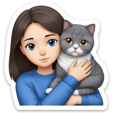 a girl with long dark brown hair in a blue sweater hugs a scottish fold gray and white one cat . sticker