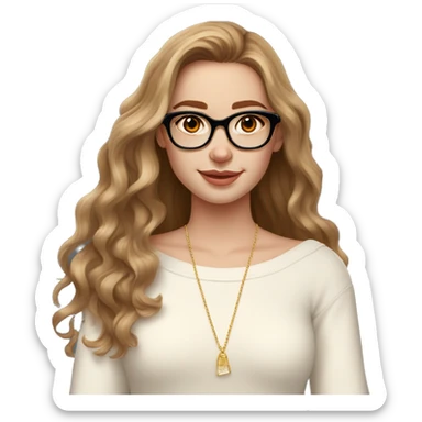 Girl with pale skin, long wavy brown hair with slight orange balayage wearing an off shoulder white sweater, a golden necklace, golden earrings and a pair of rectangular black glasses. She had dark brown eyes  sticker