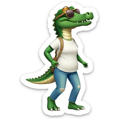 anthropomorphised female crocodile in a band t-shirt and jeans with sunglasses walking upright, relaxed pose sticker