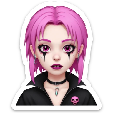 girl, pale black vampire, pink hair, very long, shaggy, dark, spooky,double eyebrow dermal piercing, creepy expression sticker